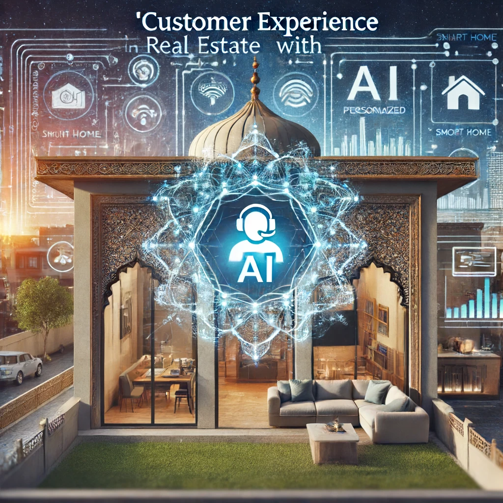 A modern home in Pakistan with AI-driven tools enhancing customer experience. Digital interfaces show AI understanding and responding to user needs, personalized home settings, and smart home integrations. The scene blends traditional Pakistani architectural elements with advanced technology, symbolizing improved quality of life through AI.