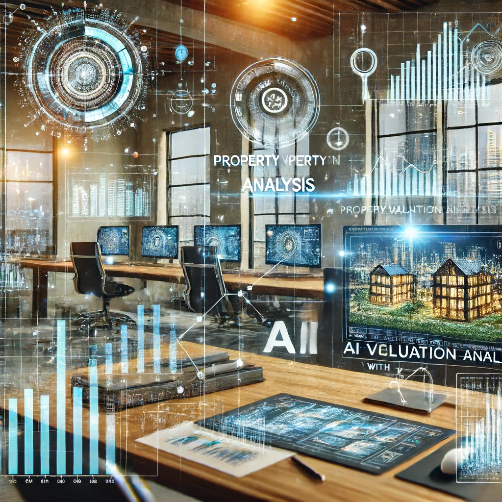 A futuristic real estate office in Pakistan with AI-powered valuation tools. Digital screens display predictive analysis for property pricing, graphs, and charts showing current market trends. The background includes traditional Pakistani decor integrated with modern technology.