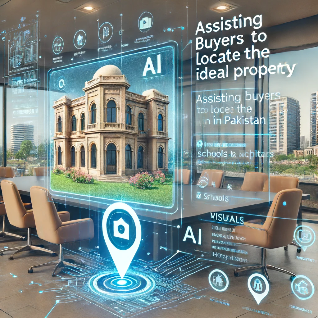 A modern real estate office in Pakistan with AI-driven search tools. A digital interface shows buyers setting detailed criteria for properties, such as proximity to schools and hospitals. The office combines traditional Pakistani architecture with advanced technology.