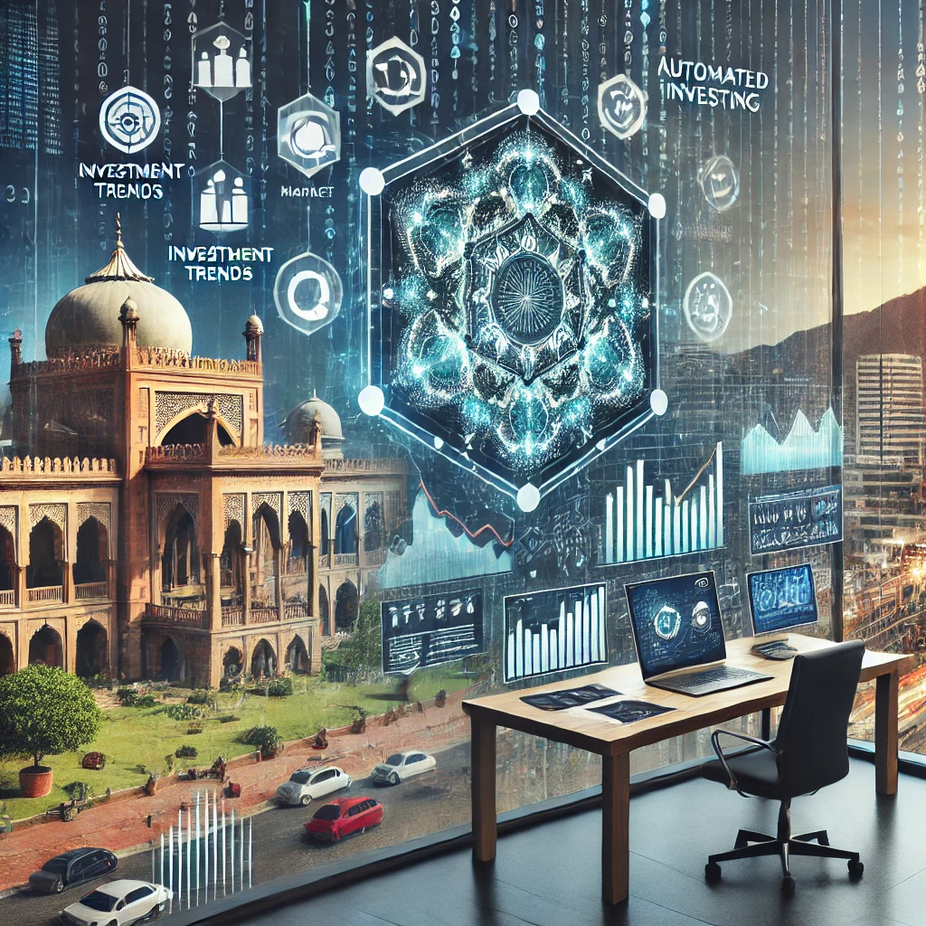 A modern office in Pakistan with AI-driven tools for processing market trends and conducting due diligence. Digital interfaces display investment analysis, market trends, and decision-making support. The setting includes traditional Pakistani architectural elements integrated with modern technology.