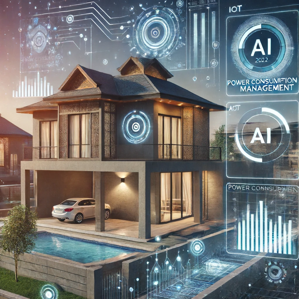 A modern home setting in Pakistan with AI-driven IoT devices monitoring power consumption. Digital interfaces display detailed statistical reports on energy usage and suggestions for reducing energy bills. The background combines traditional Pakistani decor with advanced technology.